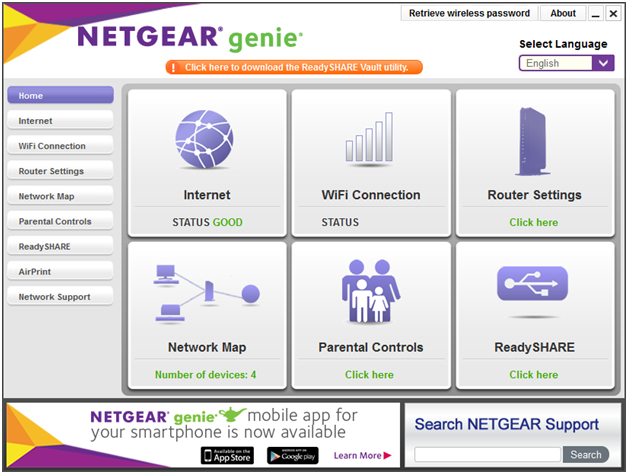NETGEAR genie app homepage