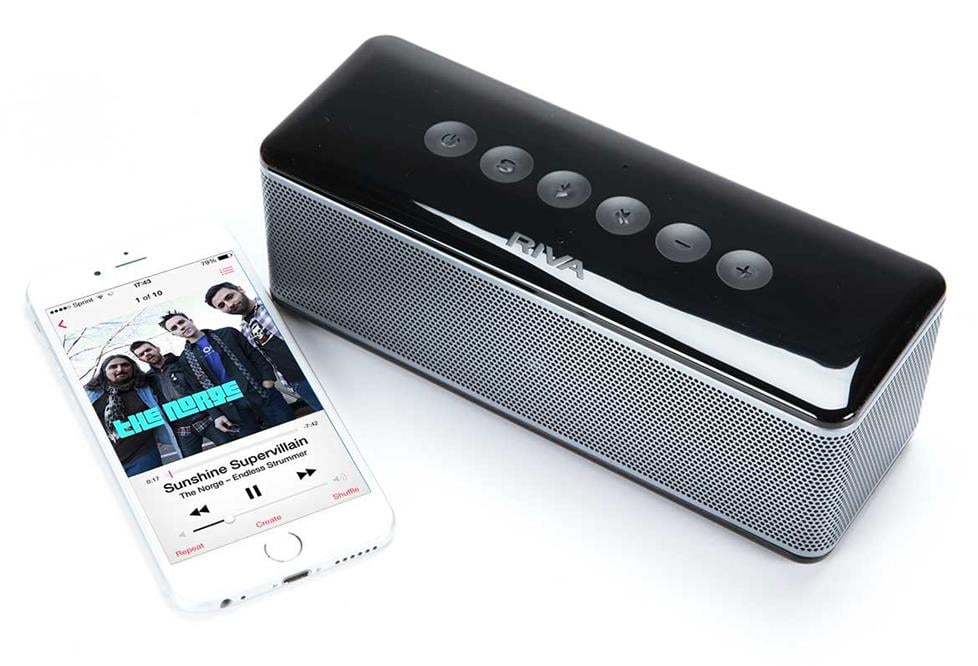 RIVA S portable Bluetooth speaker shown with an iPhone