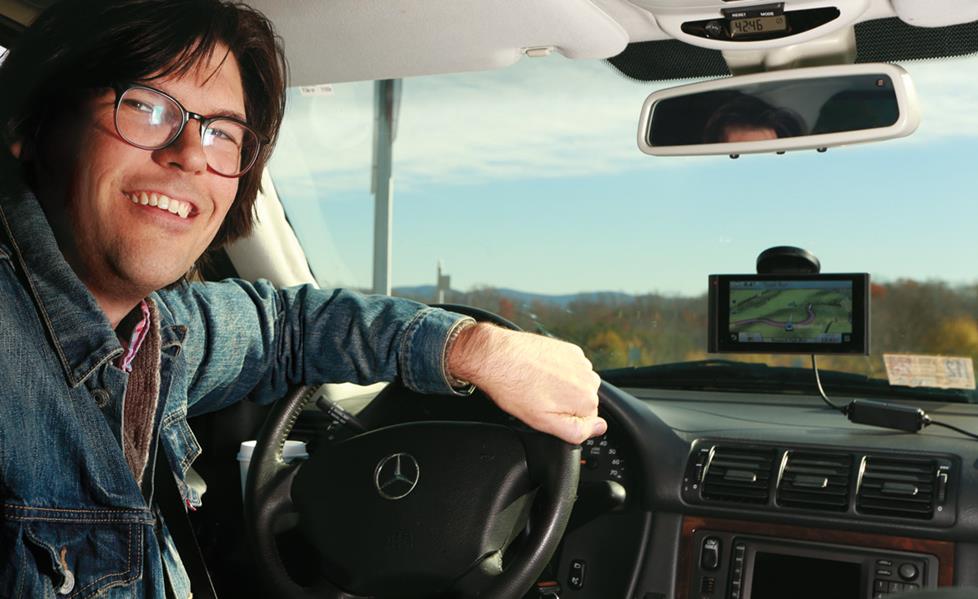 Lex in the car with the Garmin nuviCam