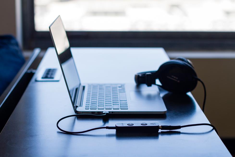 Laptop computer with an Apogee Groove USB DAC/headphone amplifier