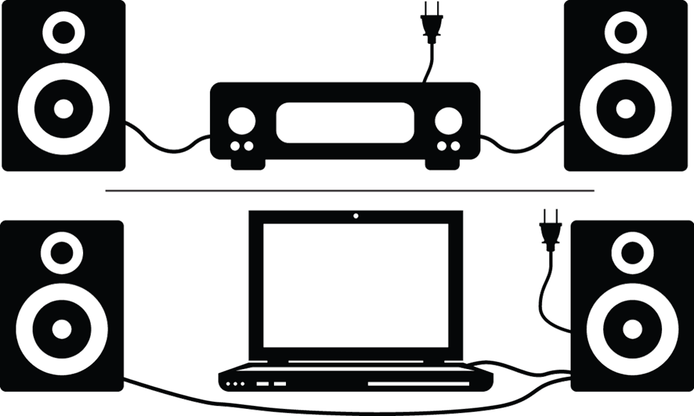 illustration showing the wiring of a standard amp and speakers vs. powered speakers