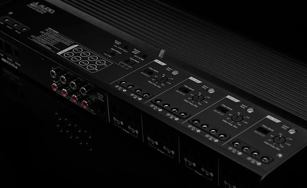 close-up of an 8-channel amp controls