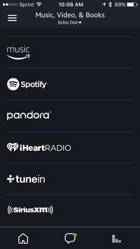 Amazon Echo app screen showing music services