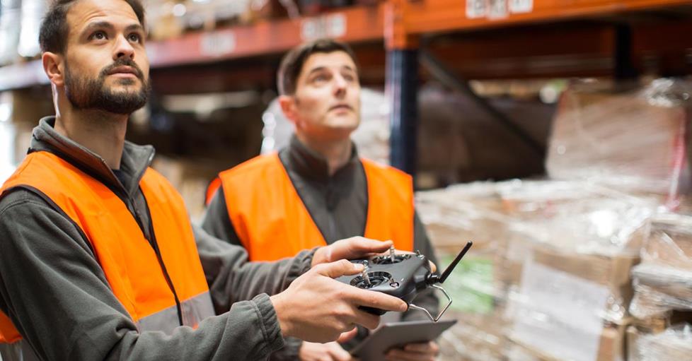 Professional drone in a warehouse