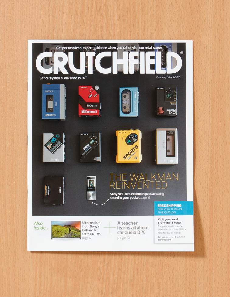 2016 Crutchfield catalog cover with a visual history of the walkman players.