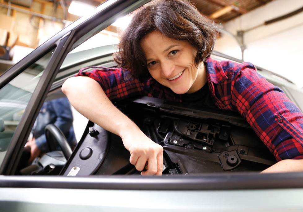 Rachel removing door panel.
