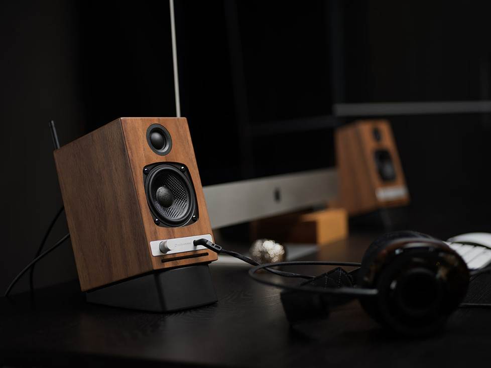 Audioengine HD3 speakers connected to desktop computer