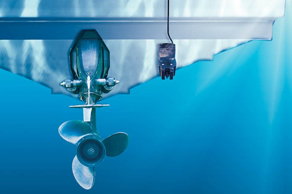 The transducer mounted below the water line