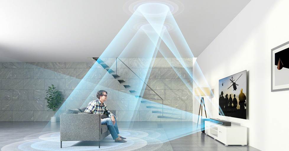 Diagram of sound waves from a soundbar bouncing off the ceiling