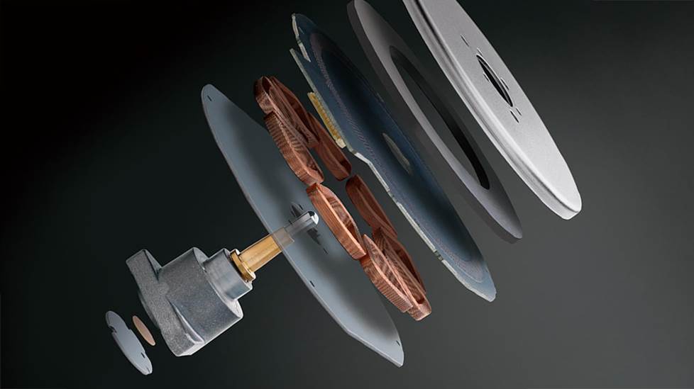 Exploded photo illustration of Technics turntable motor parts
