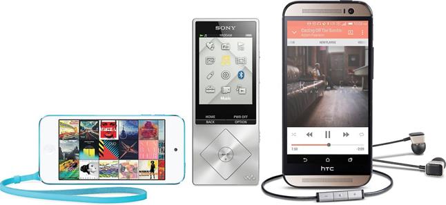 HTC smartphone, iPod Touch, Sony portable audio player