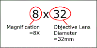 8x32 means 8x magnification and a 32mm objective lens diameter