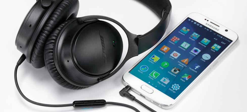 Android phone with headphones.
