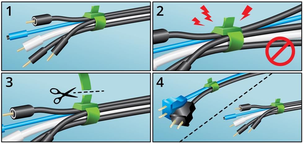 Illustrations of how to use cable ties.