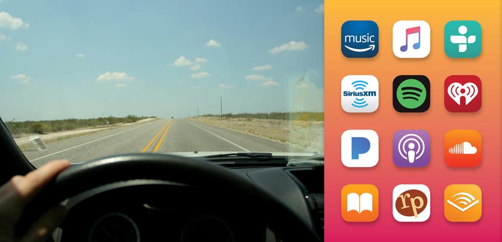 driving a car from driver's POV, and several audio streaming app icons.
