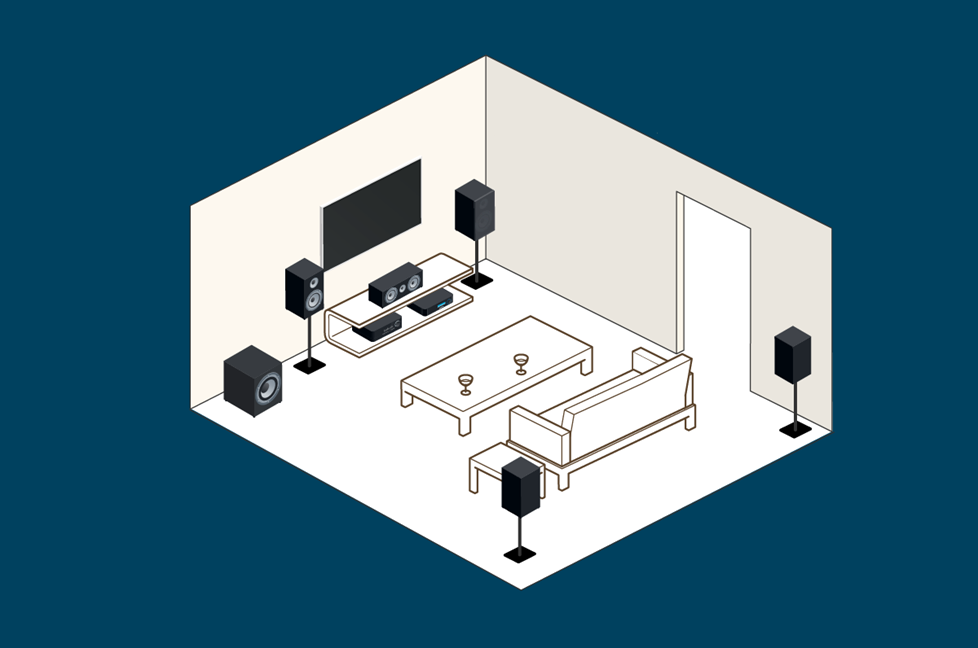 Illustration of small room with bookshelf speakers