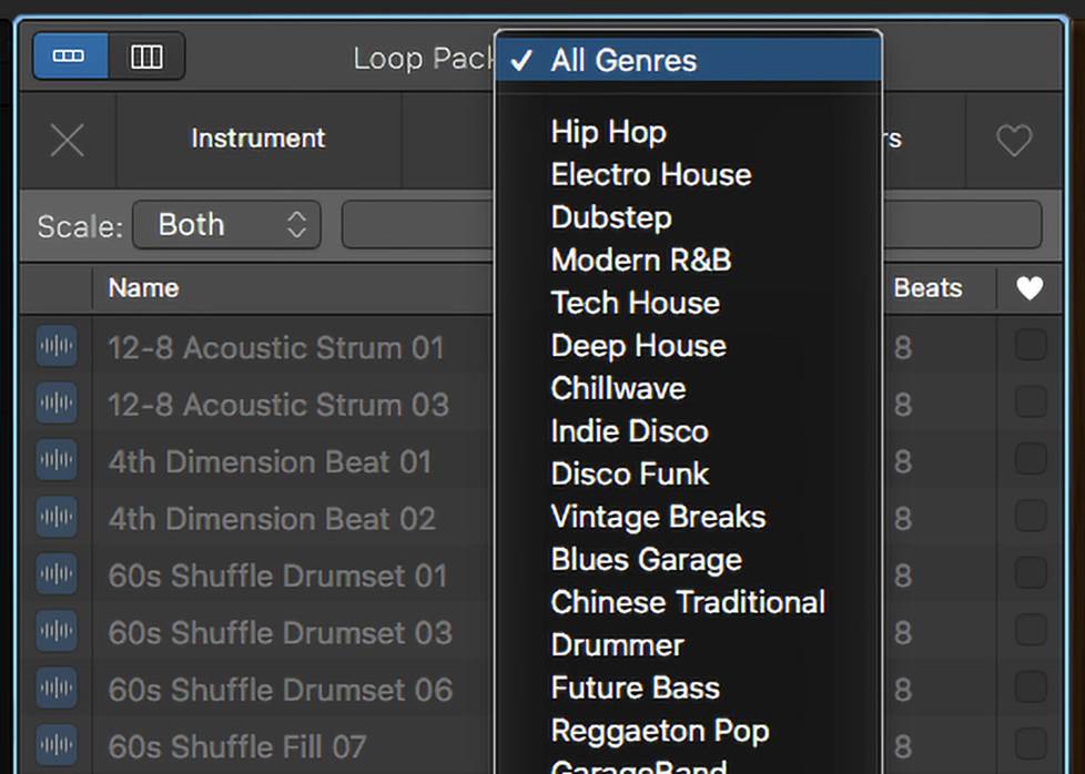 screenshot of garageband loop options