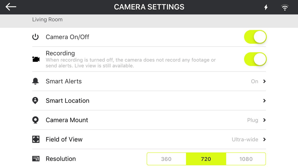 Menu settings for camera resolution