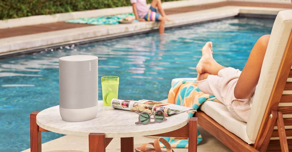 Sonos Move speaker near an outdoor pool