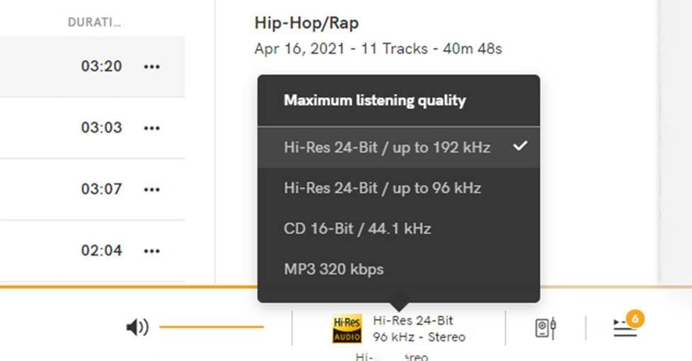 Screenshot of sound quality on Qobuz