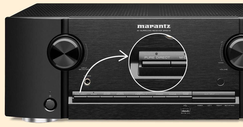 Marantz SR5015 home theater receiver with "Pure Direct" button