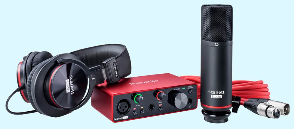 Focusrite Scarlett Solo Studio Home recording bundle including interface, headphones, mic, and a cable