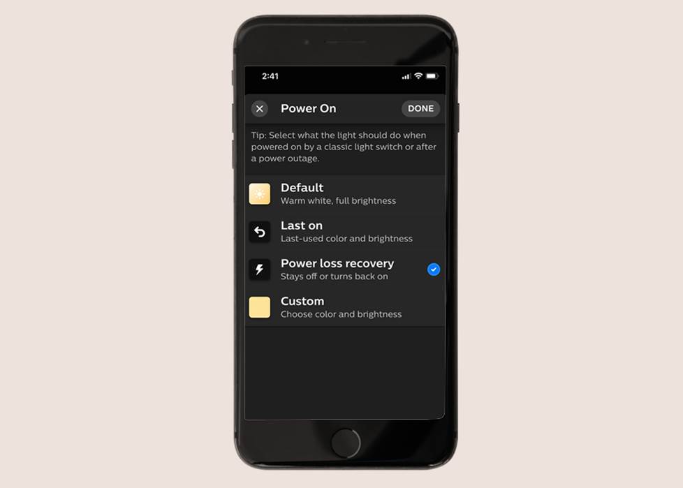 App shot of "Hue Power Settings"