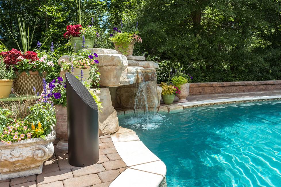 outdoor bollard speaker by pool