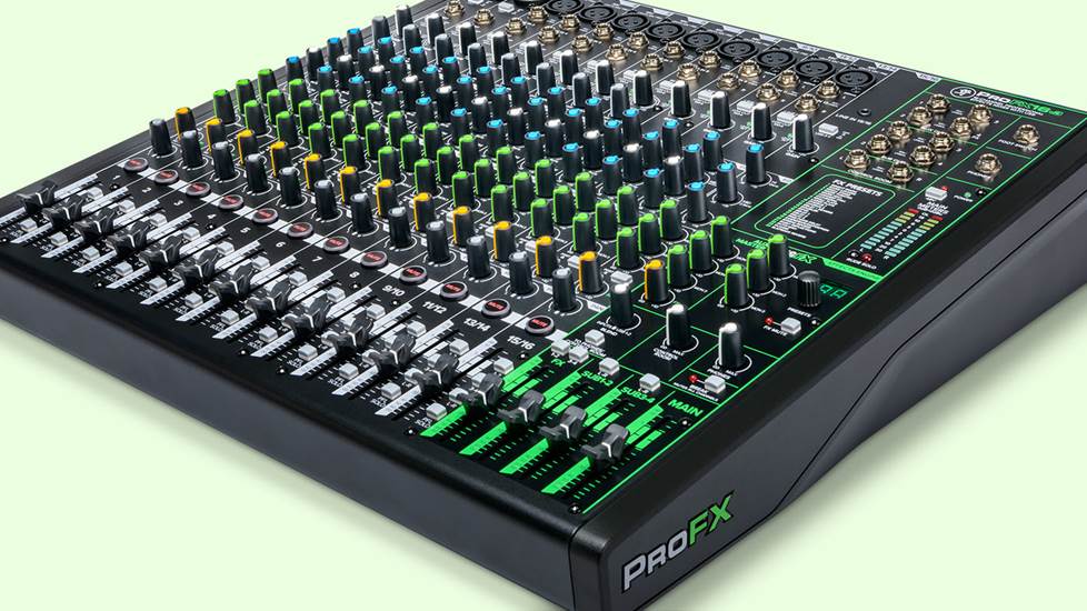 Angled view of Mackie mixing board