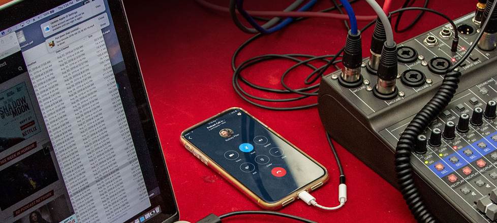 Using a Zoom L-8 mixer for podcasting or an interview, connected to a phone and laptop