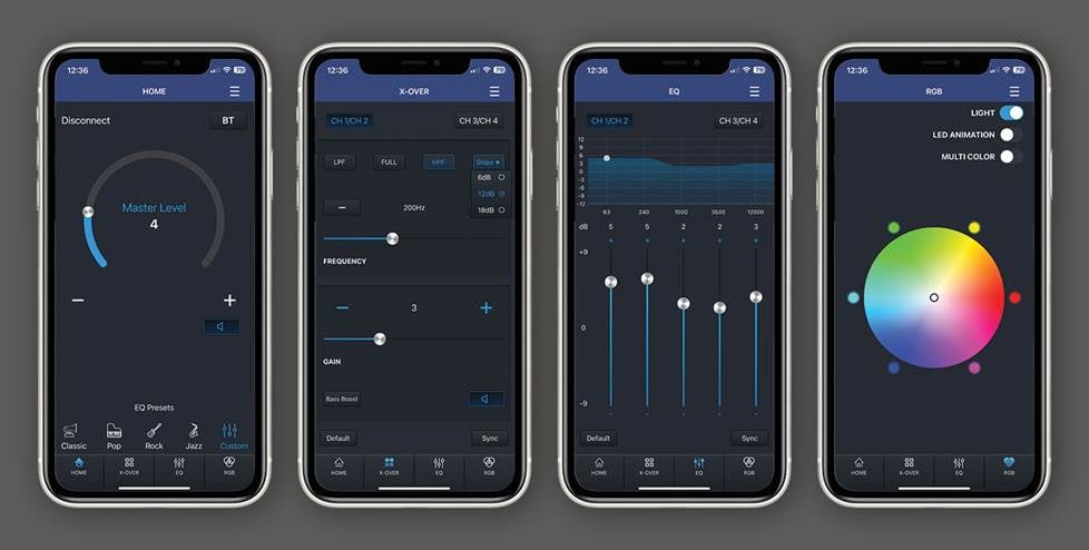Audio and LED controls on the Jensen DSP AMP phone app