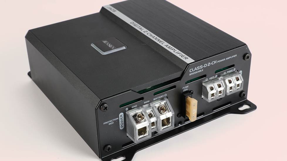Jensen JA2B 2-channel DSP car amp on plain background