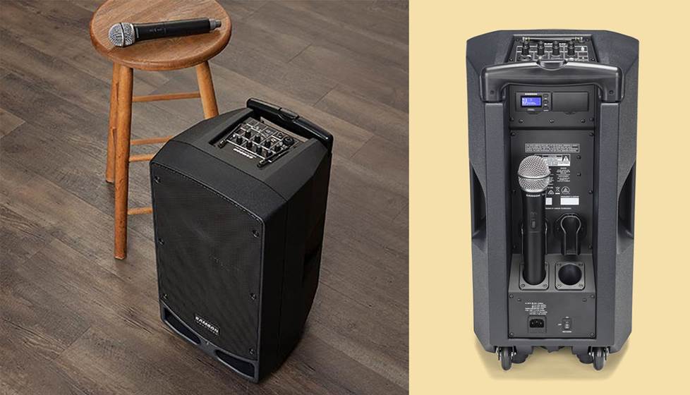 2 photos of a Samson portable PA speaker with a wireless handheld microphone