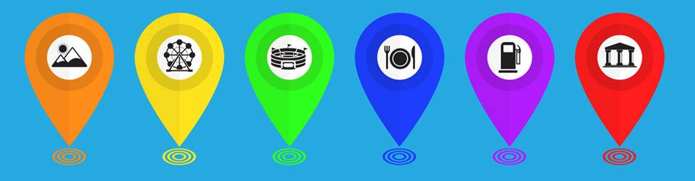 illustration of example points of interest - e.g., parks, amusements, food, gas, bank