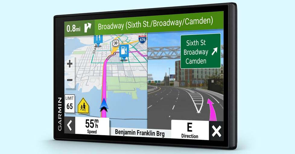 Photo of Garmin DriveSmart 66 with lane guidance screen