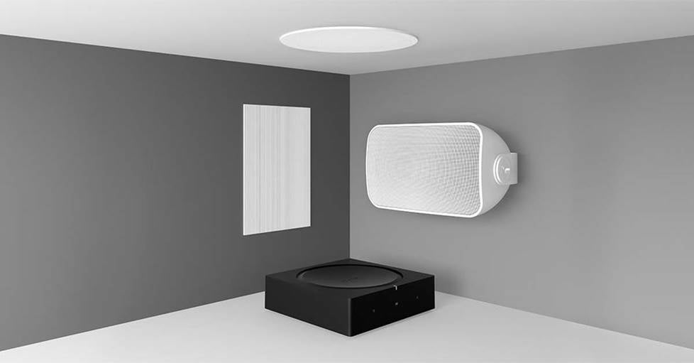 Sonos Amp with in-wall, in-ceiling, and outdoor speakers