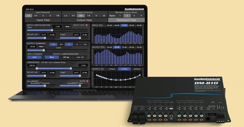 AudioControl DM-810 Digital signal processor with a laptop, on screen are the extensive controls