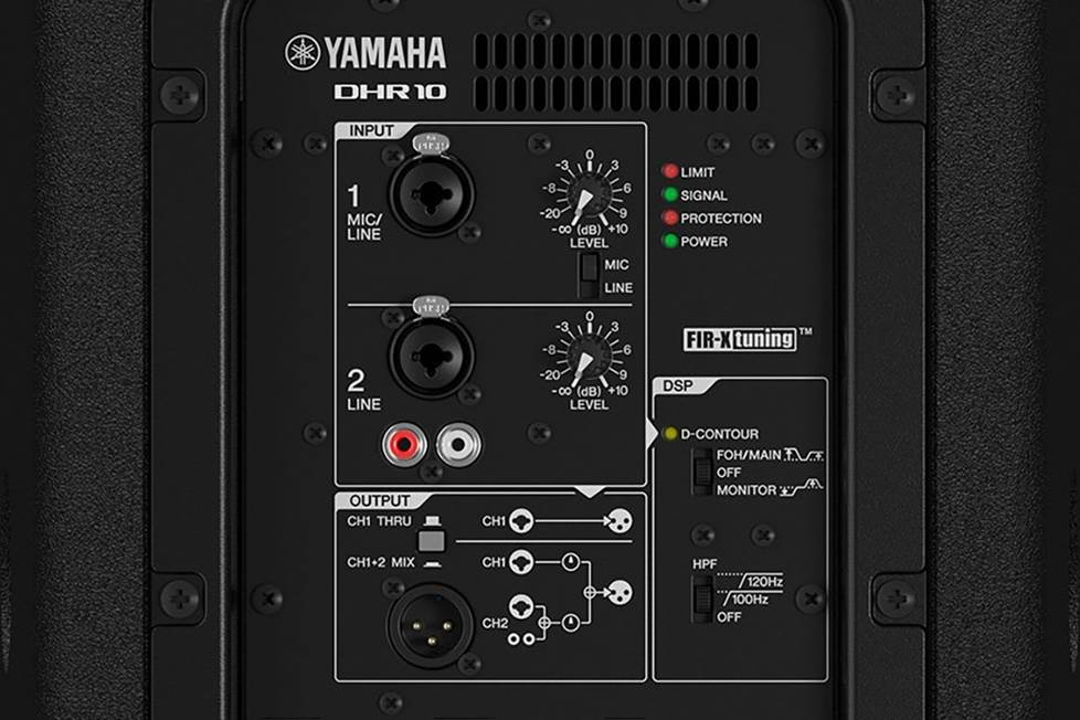 Close-up of inputs on back panel of powered PA speaker