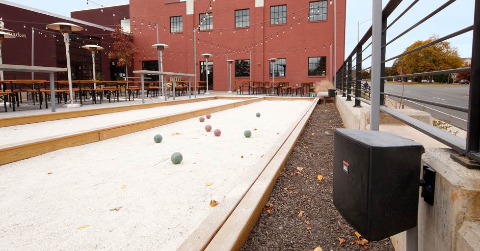 commercial audio installation outdoors at a restaurant