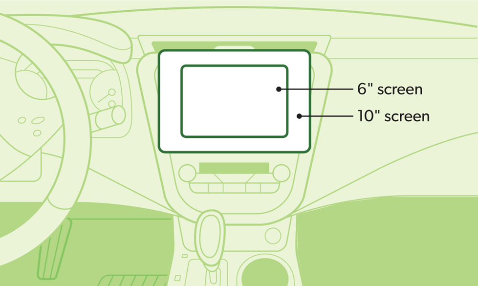 Illustration of a Nissan Murano dash with a visual of the difference between a 6-inch and 10-inch screen.