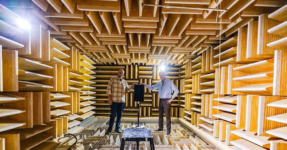Jeff and Dr. Olive in the anechoic chamber at Harman labs