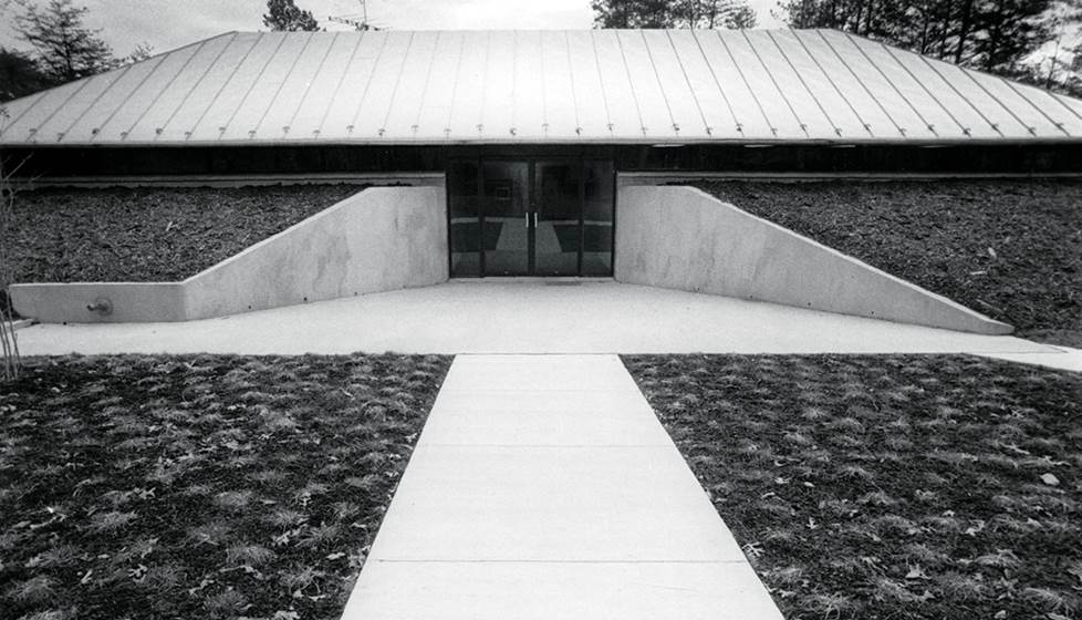 black and white photo from 1979 showing nearly constructed corporate headquarters