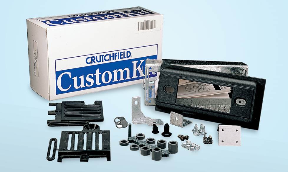 box for Crutchfield custom kit and all the parts displayed on a blue background