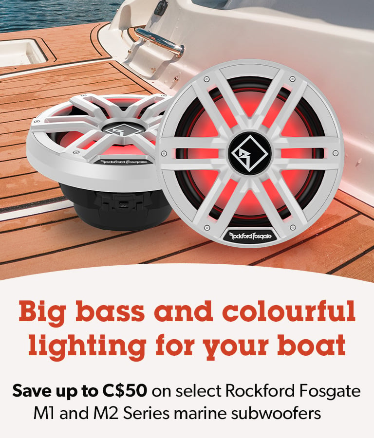 Big bass and colourful lighting for your boat	
Save up to C$50 on select Rockford Fosgate M1 and M2 Series marine subwoofers