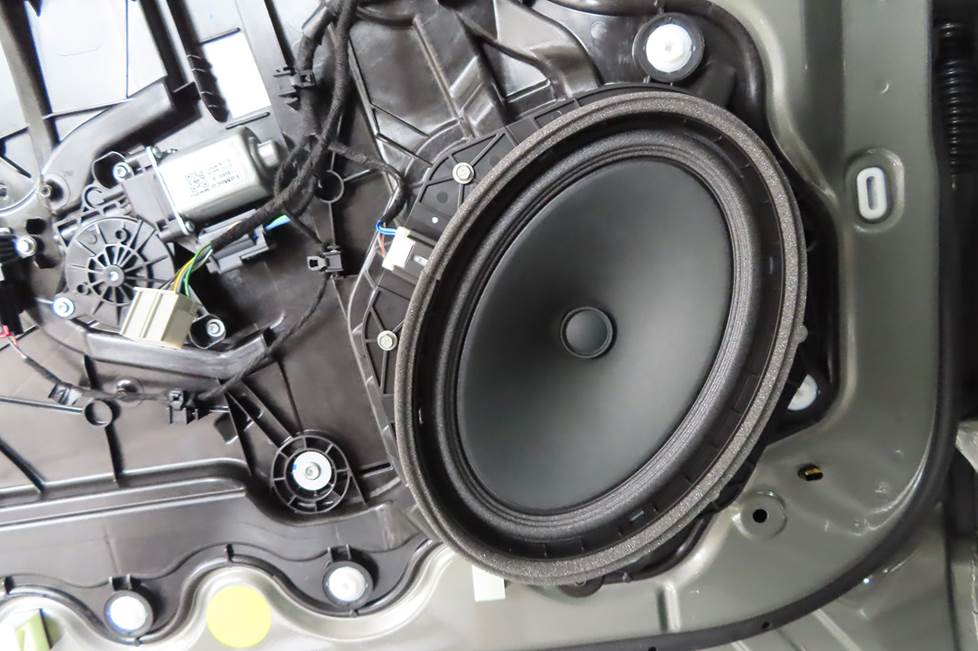 Close up of woofer in car door with door panel removed