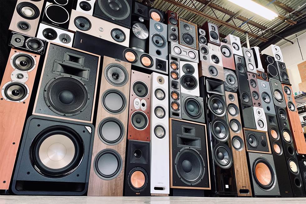 Wall of speakers shot from low dramatic angle