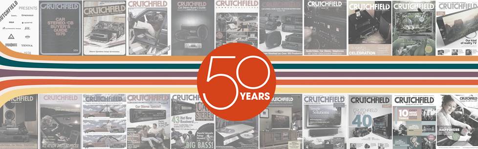 mosaic of old Crutchfield catalogs superimposes with a logo and striped graphics