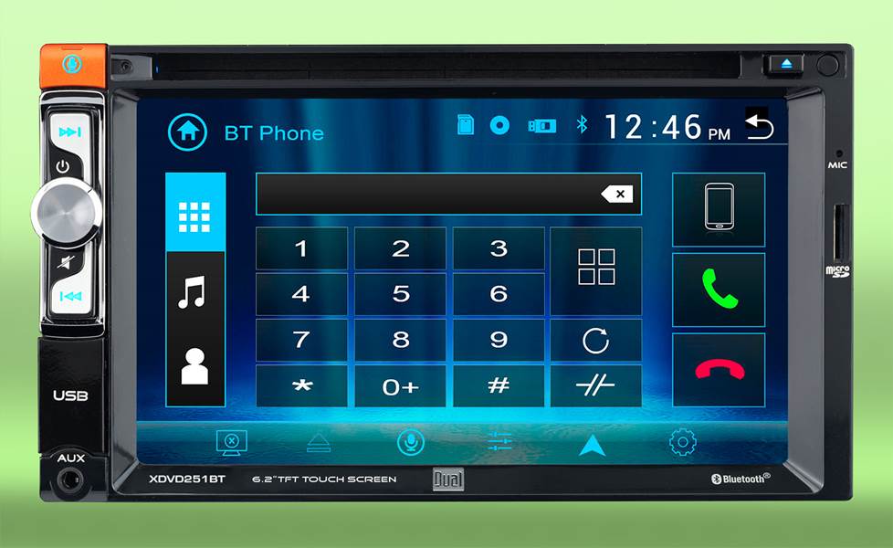 Car stereo touchscreen with telephone menu on a green background