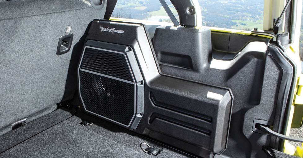 The system subwoofer installed in Jason's Jeep.