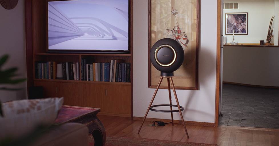 Marantz Horizon on its optional stand for TV sound